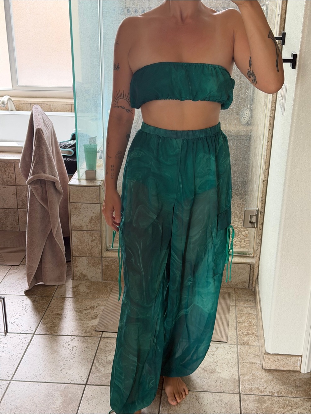 Bandeau Crop Top & Wide-Leg Pants Set - Teal Green